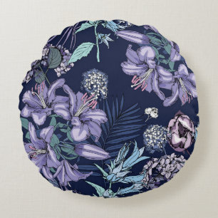 Floral seamless pattern. There are Lily, Hydrangea Round Pillow