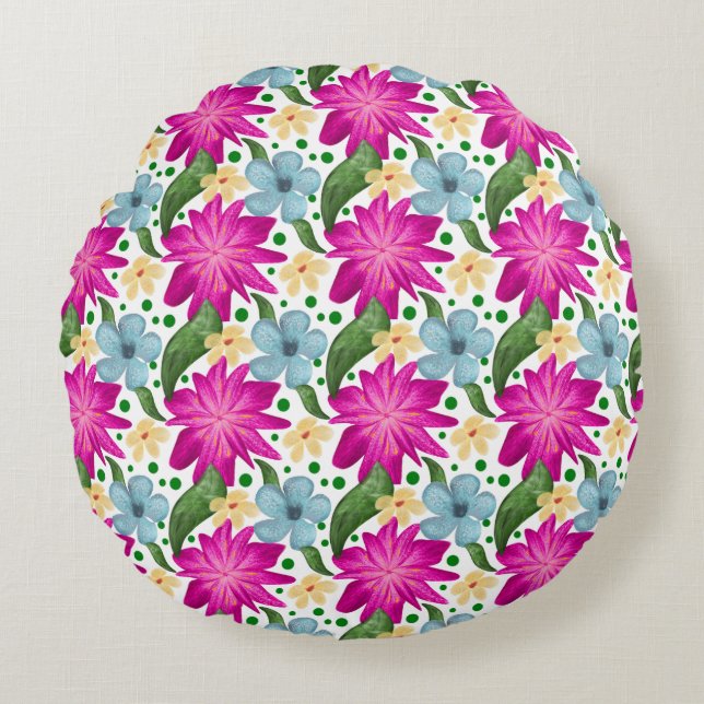 Floral Seamless Pattern | Watercolor Flower Repeat Round Pillow (Front)