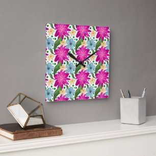 Floral Seamless Pattern Watercolor Flower Repeat Square Wall Clock