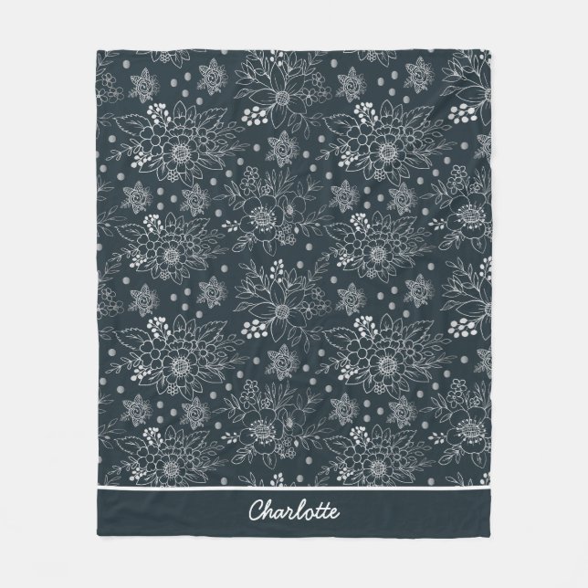 Floral seamless pattern white on dark personalized fleece blanket (Front)