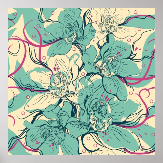  floral seamless pattern with blue orchidsfashion, poster (Front)