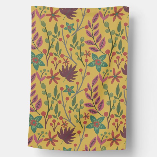 Floral seamless pattern yellow flowers and leaves house flag (Front)