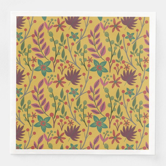 Floral seamless pattern yellow flowers and leaves paper dinner napkins (Front)