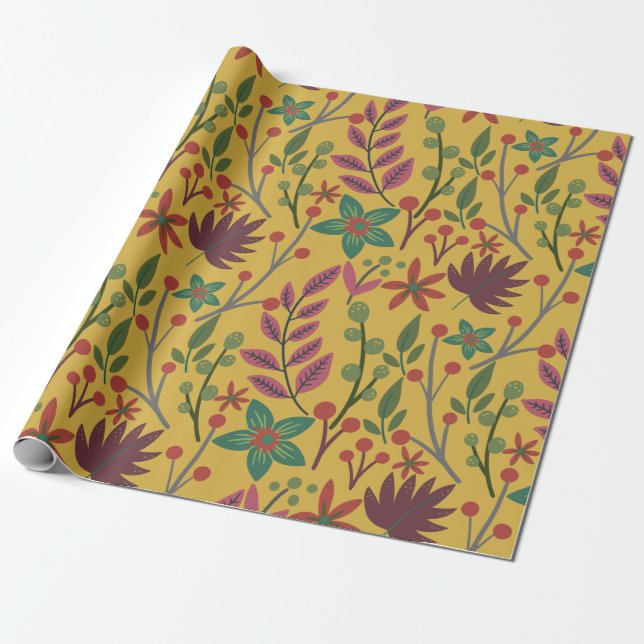 Floral seamless pattern yellow flowers and leaves wrapping paper (Unrolled)
