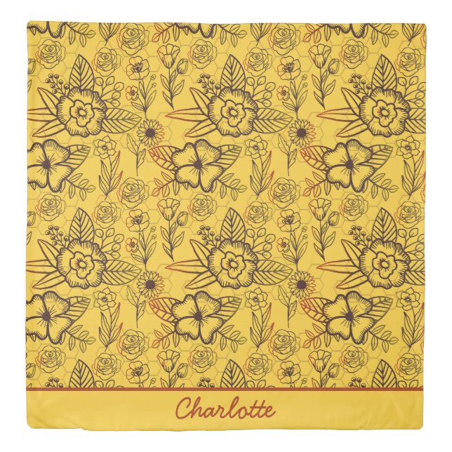 Floral seamless pattern yellow personalized name duvet cover (Front)