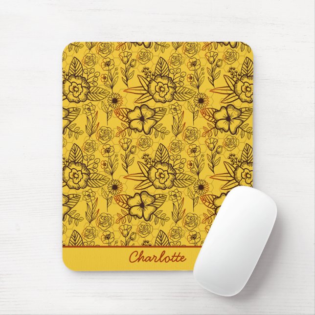 Floral seamless pattern yellow personalized name mouse pad (With Mouse)