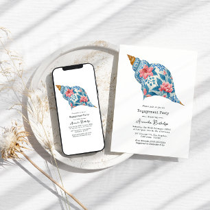 Floral Seashell Coastal Beach Engagement Party Invitation