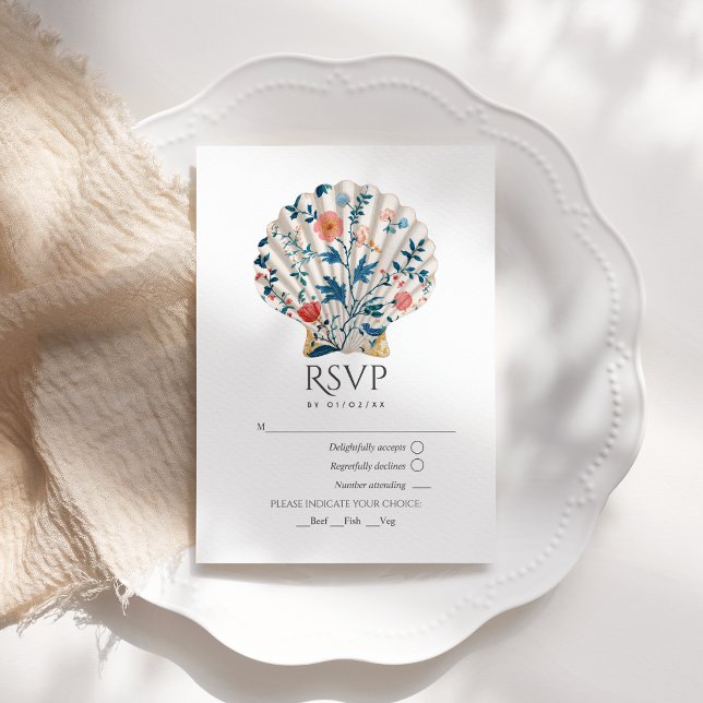Floral Seashell Coastal Beach Wedding Nautical RSVP Card (Floral Seashell Coastal Beach Wedding Nautical RSVP Card)