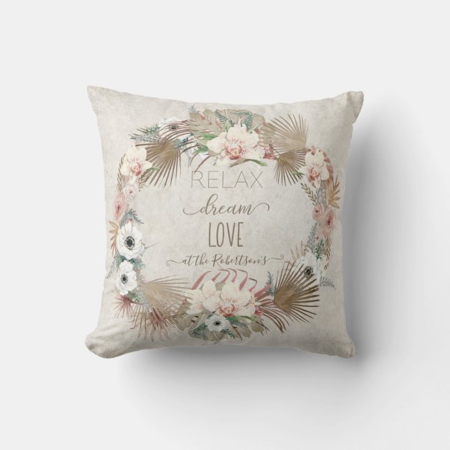 Floral Seaside Beach Palm Relax Dream Love Muted Throw Pillow (Front)