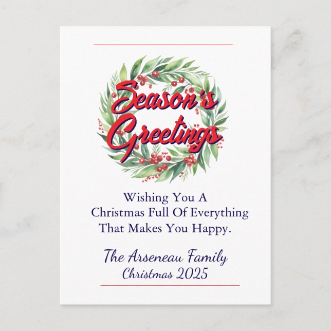 Floral Season's Greetings Red Personalize Holiday Postcard (Front)