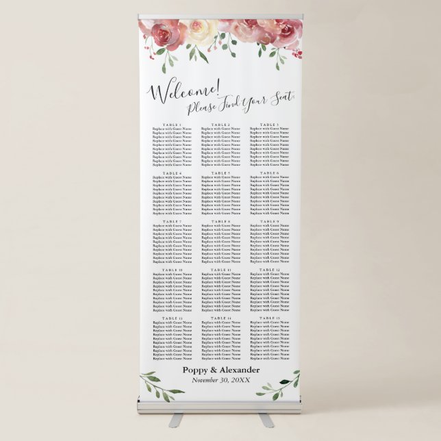 Floral Seating Chart with 150 Guest Names Retractable Banner (Front)