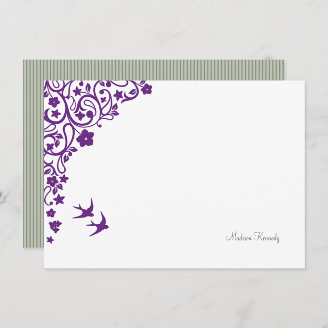Floral Secret Garden Sage Stripe Script Name Note Card (Front/Back)