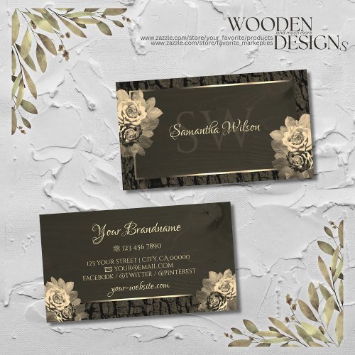 Floral Sepia Gold Dark Brown Wood Grain Monogram Business Card
