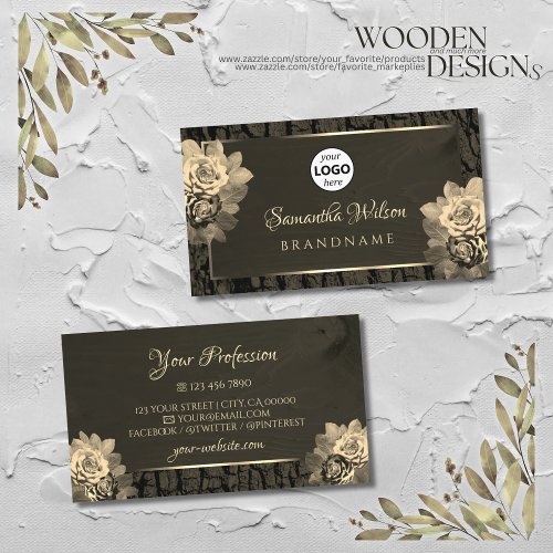 Floral Sepia Gold Dark Brown Wood Grain with Logo Business Card