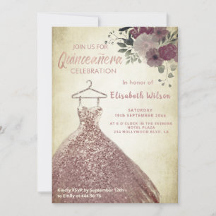 Floral sequins rose gold dress Quinceañera Invit Invitation