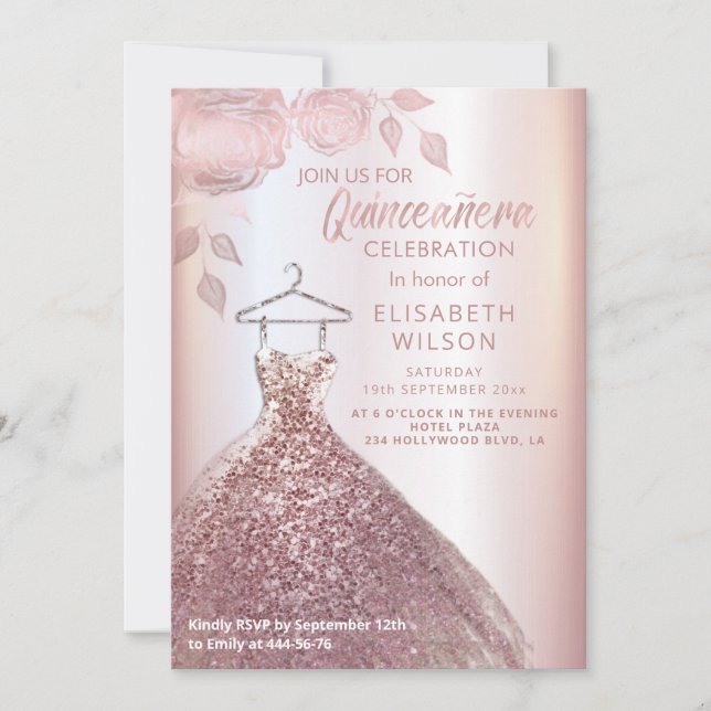 Floral sequins rose gold dress Quinceañera   Invit Invitation (Front)