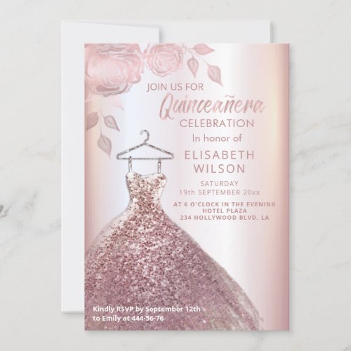 Floral sequins rose gold dress Quinceaera   Invit Invitation