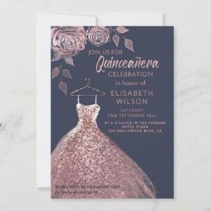 Floral sequins rose gold dress Quinceañera Invit Invitation