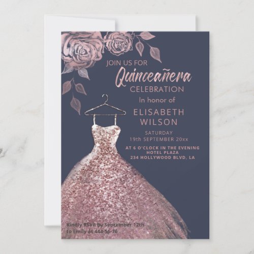 Floral sequins rose gold dress Quinceaera   Invit Invitation