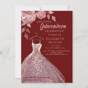 Floral sequins rose gold dress Quinceañera Invit Invitation