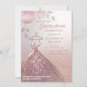 Floral sequins rose gold dress Quinceañera Invit Invitation