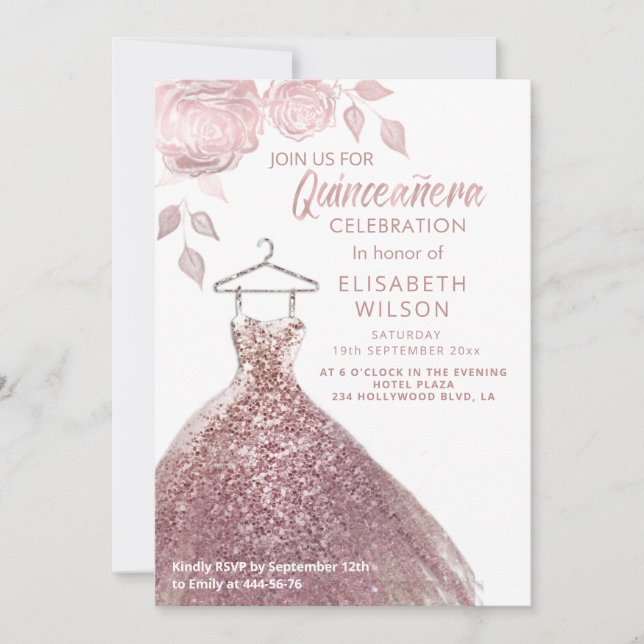 Floral sequins rose gold dress Quinceañera   Invit Invitation (Front)