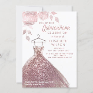 Floral sequins rose gold dress Quinceañera Invit Invitation