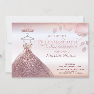 Floral sequins rose gold dress Quinceañera Invitat Invitation