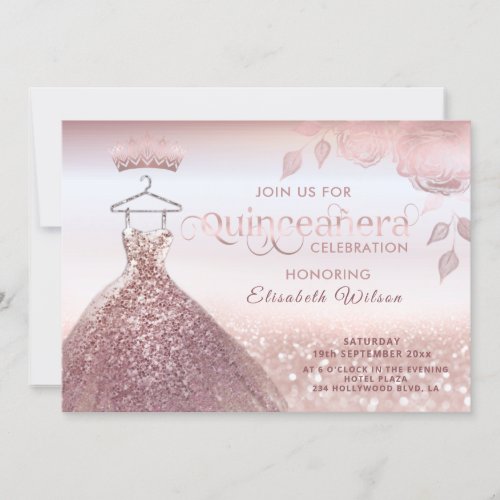 Floral sequins rose gold dress Quinceaera Invitat Invitation