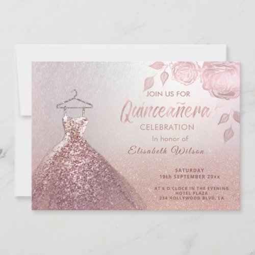 Floral sequins rose gold dress Quinceaera Invitation