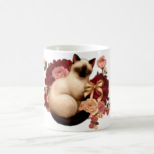Floral Serenity: Curled Siamese Cat in Bloom Coffee Mug