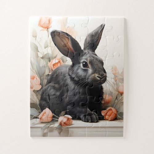 Floral Serenity Resting Black Rabbit in Watercolo Jigsaw Puzzle