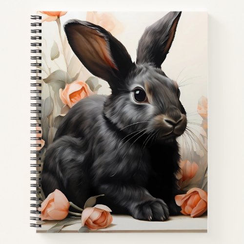 Floral Serenity The Black Rabbit Amidst Blossoms Notebook