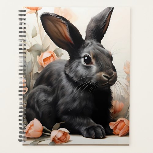 Floral Serenity The Black Rabbit Amidst Blossoms Planner