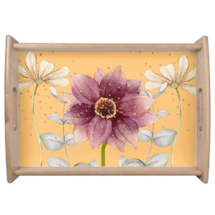 Floral Serving Tray in Cranberry and Gold Colors