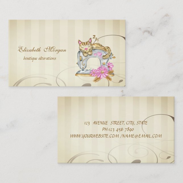 Floral Sewing Machine Cat Business Card (Front/Back)