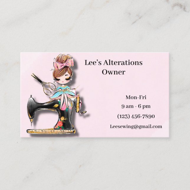 Floral Sewing Machine Girl Business Card (Front)