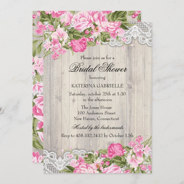 Floral Shabby Chic & Lace Bridal Shower Invite (Front/Back)