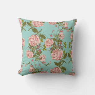 Floral Shabby Chic Pink Rose Flowers Blue Throw Pillow