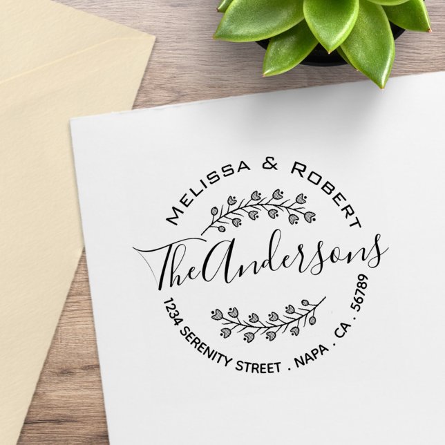 Floral Shaded Branch Wreath Couple Address Rubber Stamp (Creator Uploaded)