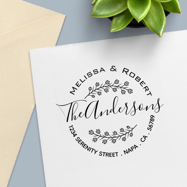 Floral Shaded Branch Wreath Couple Address Self-inking Stamp (Creator Uploaded)