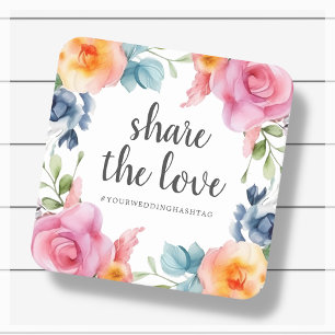 Floral   Share The Love    Hashtag Wedding Square Paper Coaster