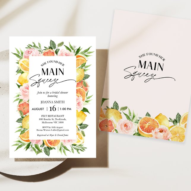 Floral She Found Her Main Squeeze Bridal Shower Invitation (She Found her main Squeeze Bridal Shower Invitation, Floral Citrus Bridal Shower Invitation, Lemon )