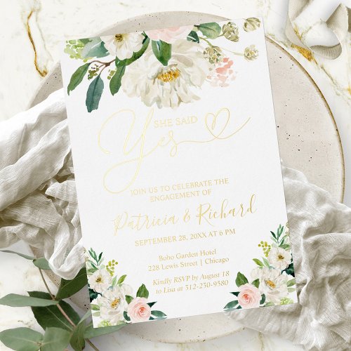 Floral She Said Yes Engagement Party Foil Invitation