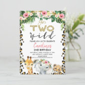 Floral She's Two Wild Cheetah Print Birthday Invitation (Standing Front)