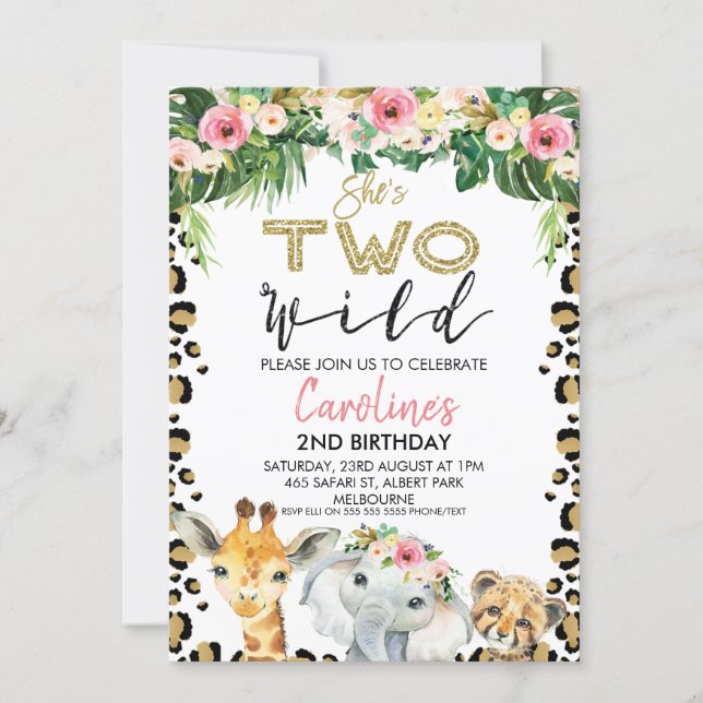 Floral She's Two Wild Cheetah Print Birthday Invitation (Front)