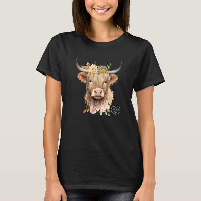 Floral Shetland Cow Vegan Awareness T-Shirt (Front)