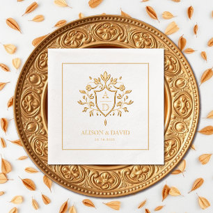 Floral shield crest monogram, border wedding gold foil napkins