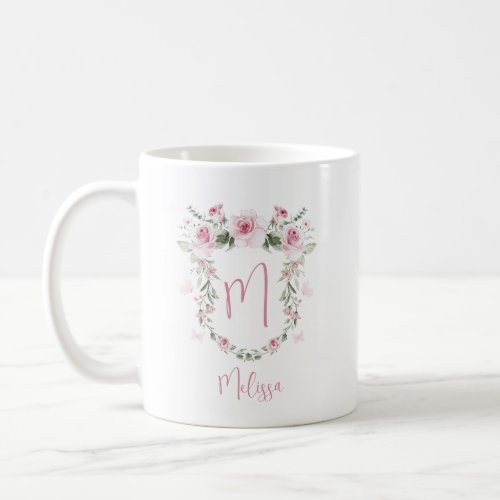 Floral Shield Wreath Initial and Name Pink Text Coffee Mug