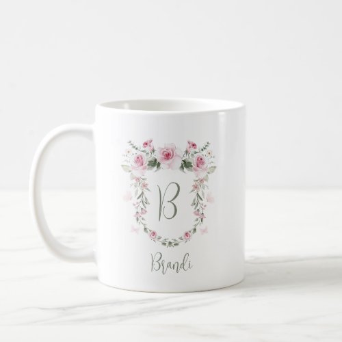 Floral Shield Wreath Personalized Name Initial Coffee Mug